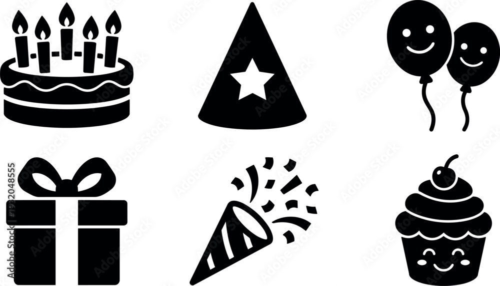 Naklejka premium Flat design party icon set cake hat balloons gift confetti cupcake smiling faces simple black silhouette vector illustration front view