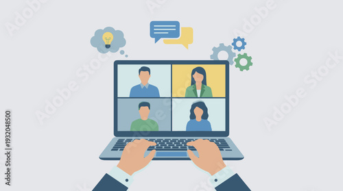 Wallpaper Mural Professional online video conference and team meeting illustration on a laptop screen with icons for brainstorming ideas, communication, and collaborative workflow for remote business work. Torontodigital.ca