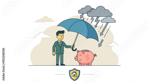 Businessman holding a blue umbrella over a piggy bank to protect savings from storm clouds and falling arrows, conceptual vector for financial insurance, capital protection and risk management.