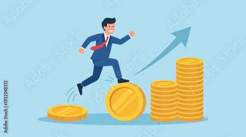 Happy businessman jumping over rising stacks of gold coins with an upward arrow, symbolizing salary increase, wage growth, income profit, career advancement, financial success, and wealth.