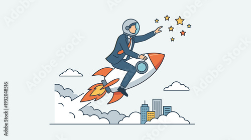 Successful businessman in a suit and astronaut helmet riding a rocket ship towards the stars, representing business growth, leadership, startup success, career advancement, and achieving goals.