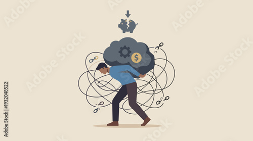Man carrying heavy burden of work stress and financial anxiety in economic crisis, conceptual illustration of mental health pressure, burnout, debt, and professional overload problems.