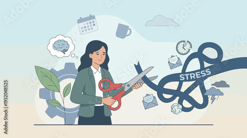 Businesswoman cutting a tangled stress ribbon with scissors to improve mental health and well-being, overcoming burnout and toxic work environment, concept of emotional balance and self-care.