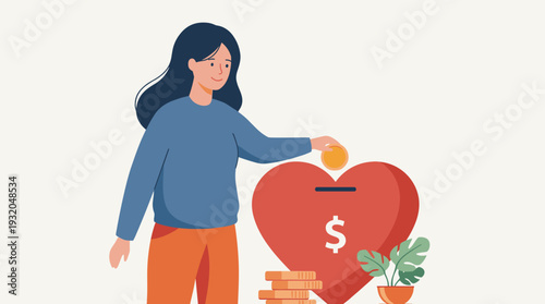 Woman putting a gold coin into a heart-shaped donation box, concept of charity, financial assistance, aid, support, philanthropy, kindness, generosity, and saving money, flat vector illustration.