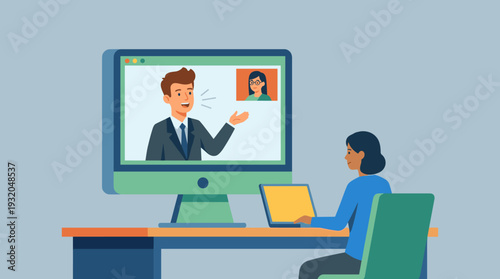 Woman Participating in Video Conference with Businessman on Large Computer Screen in Modern Workspace, Online Meeting, Remote Work, Virtual Collaboration, and Digital Communication Illustration