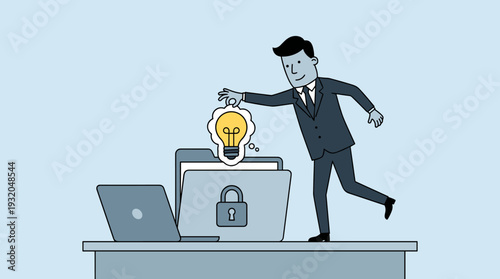 Businessman Stealing a Light Bulb Idea from a Locked Private Folder on a Desk with a Laptop, Metaphor for Copyright Infringement, Intellectual Property Theft, and Plagiarism in Corporate World.