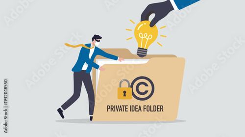 Businessman Stealing Idea Light Bulb from Private Idea Folder Metaphor of Copyright Infringement, Intellectual Property Theft, Plagiarism, and Corporate Espionage Concept Flat Illustration.