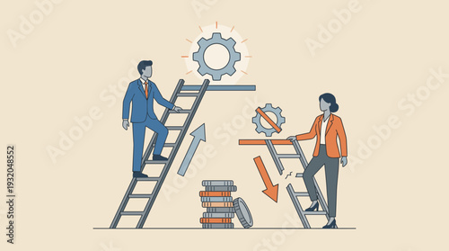 Conceptual Illustration of Gender Inequality and Career Discrimination Showing a Man Climbing a Ladder to Success While a Woman Faces a Broken Ladder and Barriers in Professional Growth.