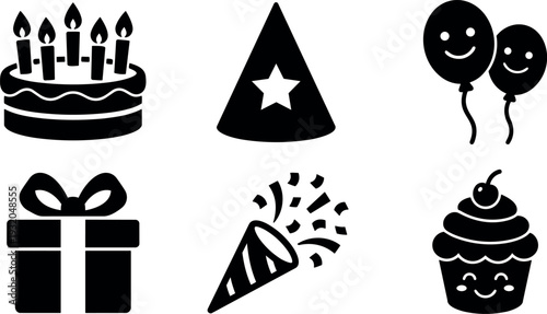 Flat design party icon set cake hat balloons gift confetti cupcake smiling faces simple black silhouette vector illustration front view