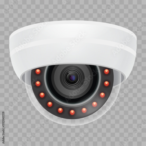 Security Dome Camera White CCTV Surveillance System for Realtime Monitoring Premises Watching and Control Safety Measure Police Service. 3D Realistic Vector Illustration