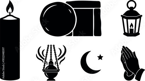 Flat icon set of religious symbols candle lantern incense censer crescent star praying hands round plate minimalist vector black silhouette