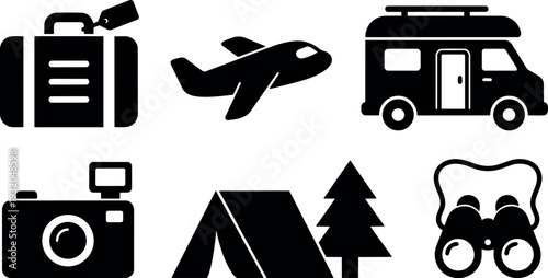 Flat design travel icons set suitcase airplane campervan camera tent binoculars pine tree simple silhouette for trip planning outdoor adventure