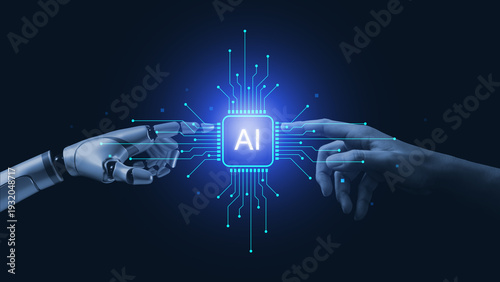 Human and robotic hand connect through glowing AI microchip interface with digital circuit lines, symbolizing artificial intelligence integration, machine learning, future technology collaboration.