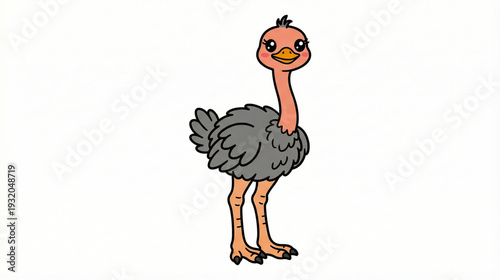 Cute Ostrich Vector Illustration, Funny Cartoon Bird Character Standing Isolated
