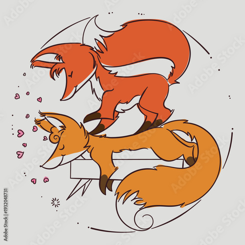 Medical assistance. A fluffy masseuse treats a happy patient's back. Thai massage, health, and pleasure. A cartoon fox drawn in a simple outline style. Vector illustration of a cheerful animal.