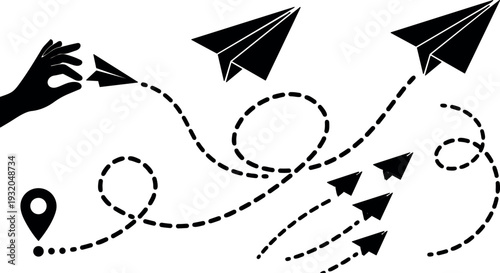 Flat design paper airplane composition showing hand launching multiple paper planes with dashed flight paths and location pin silhouette overhead