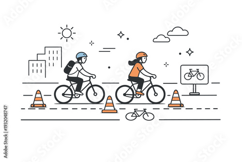 Pop-up bike lanes. A modern minimal icon scene illustrating temporary bike infrastructure in the city. Clean lines show road markings, bicycles, and cones,