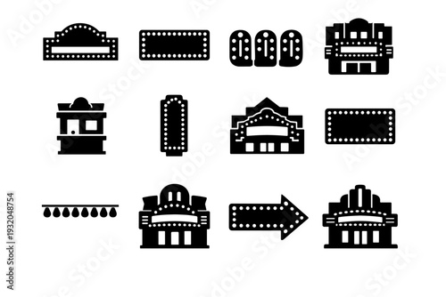 Theater marquee. Solid icon set of Theater marquee: classic marquee sign, light bulb border, illuminated letters, cinema entrance, ticket booth, vertical