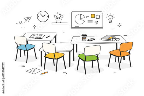 Chairs slightly moved. Classroom or meeting room with chairs not fully pushed in, slight asymmetry across the space. Soft evidence of recent activity and human