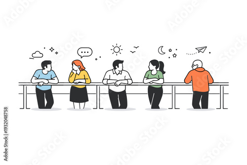 People leaning on railings. Several people standing apart along a railing, each absorbed in their own thoughts. Parallel presence, shared view, calm