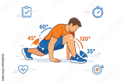 Athletic mobility evaluation. An athlete holding a deep stretch position with simple angle indicators around joints. Measurement, control, and functional