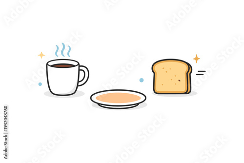 Minimal breakfast setup. A cup, a slice of toast, and a small plate are placed with careful spacing, creating a calm morning atmosphere. The illustration