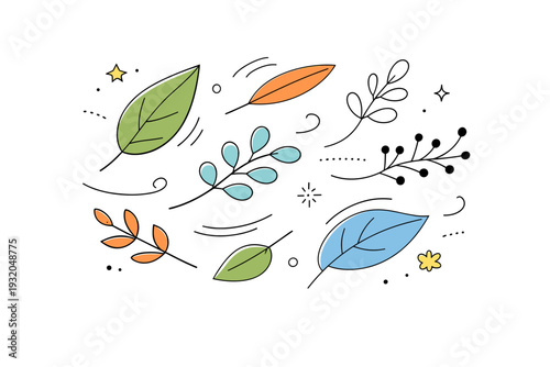 Contemporary nature abstraction. Simplified leaves and branches floating freely, disconnected from realism but retaining natural rhythm. Calm botanical mood