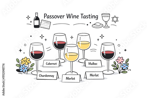 Passover wine tasting for guests. Multiple glasses arranged with name tags and a gentle floral touch, abstract floating stars and line icons suggesting
