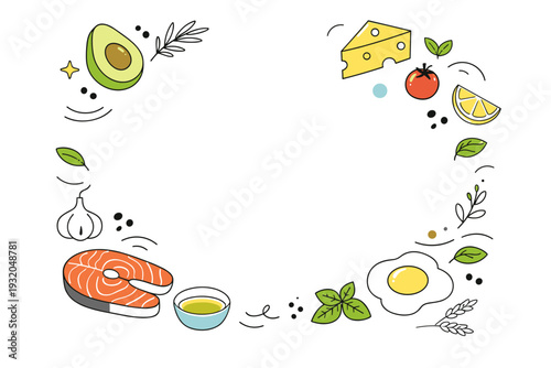 Minimal food magazine background. Abstract ingredients and shapes floating lightly around an open central space for text. Fresh, modern culinary mood with lots