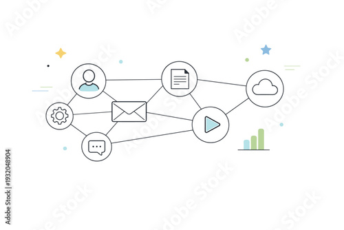 Calm network visuals. Simple nodes connected by thin lines, balanced layout suggesting quiet data flow and stable digital relationships. Minimalist flat vector