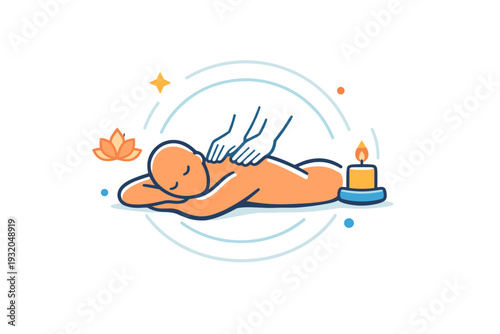 Massage therapy and relaxation techniques symbolizing deep relaxation with a simplified body form surrounded by soft circular rhythms. A modern visual idea of