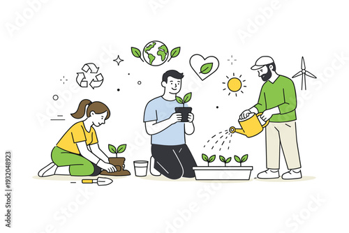 Sustainable spring lifestyle. People planting seedlings and watering plants in a clean, minimal environment, eco symbols floating nearby. Friendly everyday