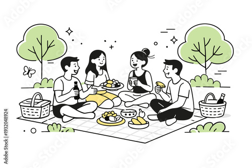 Outdoor dining in nature. Friends sitting on a blanket, sharing food and conversation in a park. Warm social atmosphere with trees, baskets, and light motion