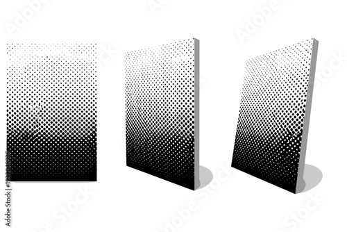 Decorative dotted texture panel represented as one standalone pattern object displayed in straight-on view, rotated view, and three-quarter angled view