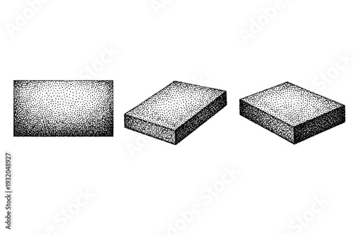 Dot sketch texture surface depicted as a single illustrative material object shown in flat front view, angled view, and three-quarter view to demonstrate