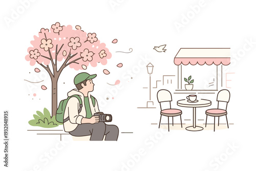 Quiet spring photo moment. A single photographer pausing near a blooming tree or cafe terrace, camera ready. Stillness, warmth, and mindful urban exploration.