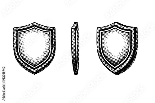 Halftone badge-style frame with shield-like contour and inner border shown from front view, side view, and three-quarter view as a single object set with