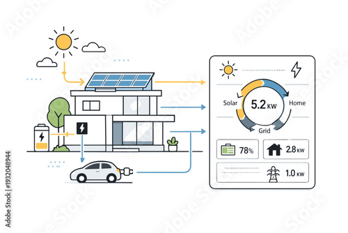 Smart home solar energy tracking. A modern house with solar panels and simple energy flow lines connecting to a digital dashboard. The scene feels clean,