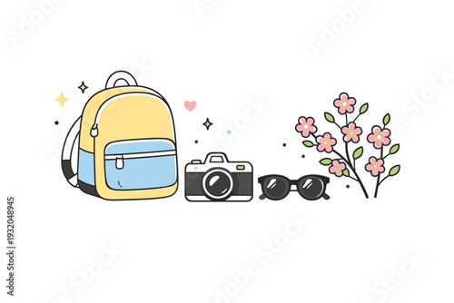 Weekend spring break. Backpack, camera, sunglasses, and blooming branches arranged neatly, spontaneous holiday mood. Minimal still-life composition with clean