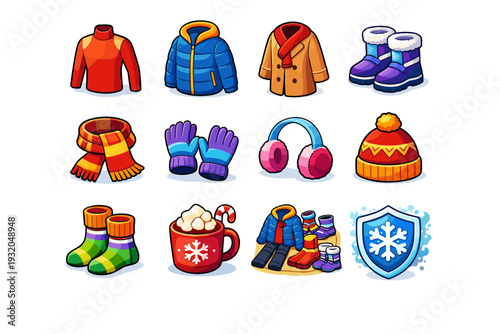 Winter layers. Colorful isometric vector icons set of Winter layers: thermal top, puffer jacket, wool coat, snow boots, thick scarf, gloves, earmuffs, knit