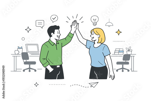 High five friendly office culture. Colleagues exchanging a casual high five in an open office, showing trust and positive work culture. The scene feels light,
