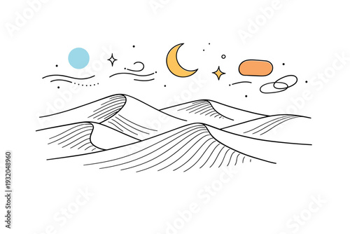 Wind patterns on sand dunes. Curved dune ridges with subtle wind lines and floating abstract shapes emphasizing texture, calm, and the beauty of desert