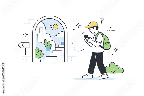 Spring urban exploration walks. A discovery scene with a person checking a map or phone near an architectural detail or mural. Sense of curiosity, navigation,