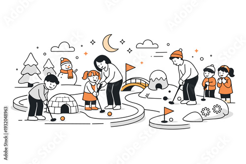 Indoor winter game scene. Kids and adults playing mini-golf with soft winter decorations, gentle lighting, and calm atmosphere. Clean editorial-style visual