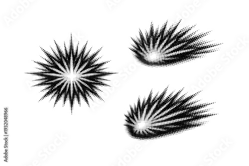 Halftone burst ray emblem, a single emblem-style ray object shown in centered front view, offset angled view, and three-quarter perspective view within one