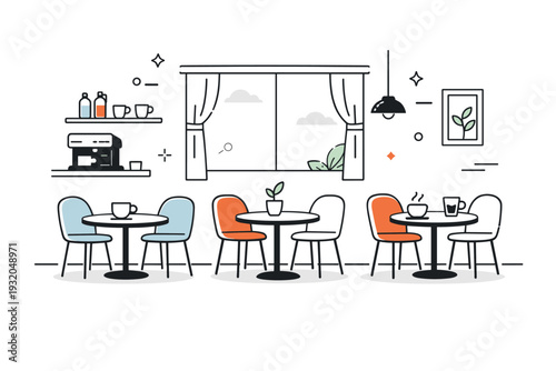 Empty cafes daytime. A quiet cafe interior with a few empty tables, soft daylight coming through large windows. Calm atmosphere and unhurried daytime