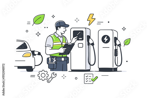 Electric vehicle charging station maintenance. A technician checking EV charging units, abstract icons of lightning bolts and leaves floating to emphasize