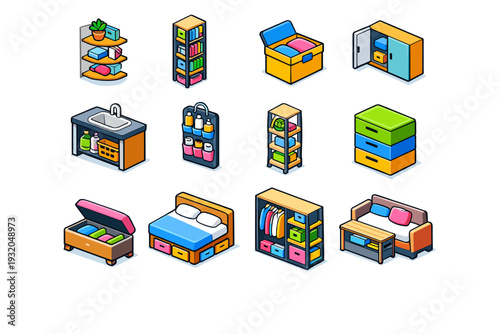 Small Space Storage. Colorful isometric vector icons set of Small Space Storage: corner shelves, vertical storage, foldable storage box, wall mounted cabinet,