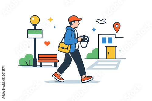 City street photography walks focused on slow observation and capturing everyday urban moments. A calm editorial scene with a walking figure holding a camera,