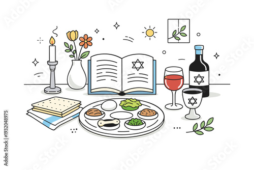 Spring Jewish holiday at home. A quiet interior scene with a prepared table, open book, and decorative elements, expressing anticipation and reflection. The